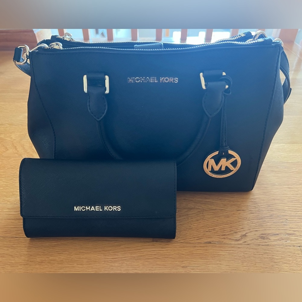 Michael Kors black satchel with removable strap + matching trifold wallet